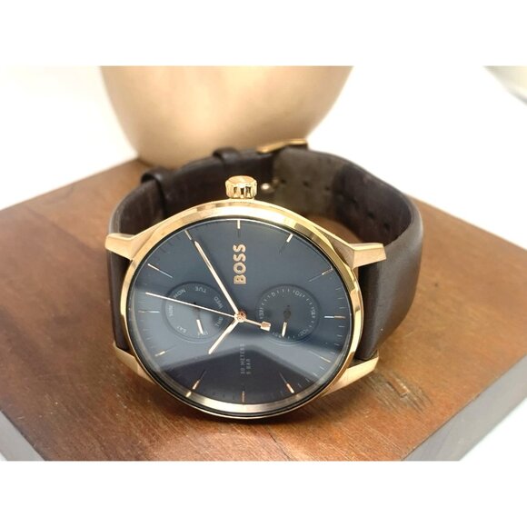 Hugo Boss Mens Watch 1514103 Tyler Quartz Rose Gold Blue Dial Brown Leather 43mm - Picture 7 of 13